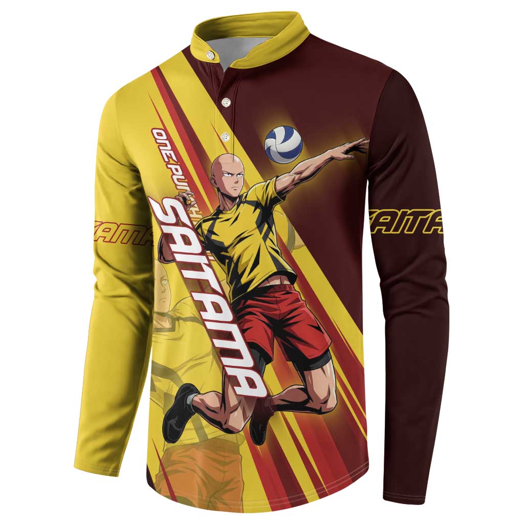 Personalized Saitama Volleyball Design Button Sweatshirt with Yellow and Red Athletic Theme and Powerful Spike Pose