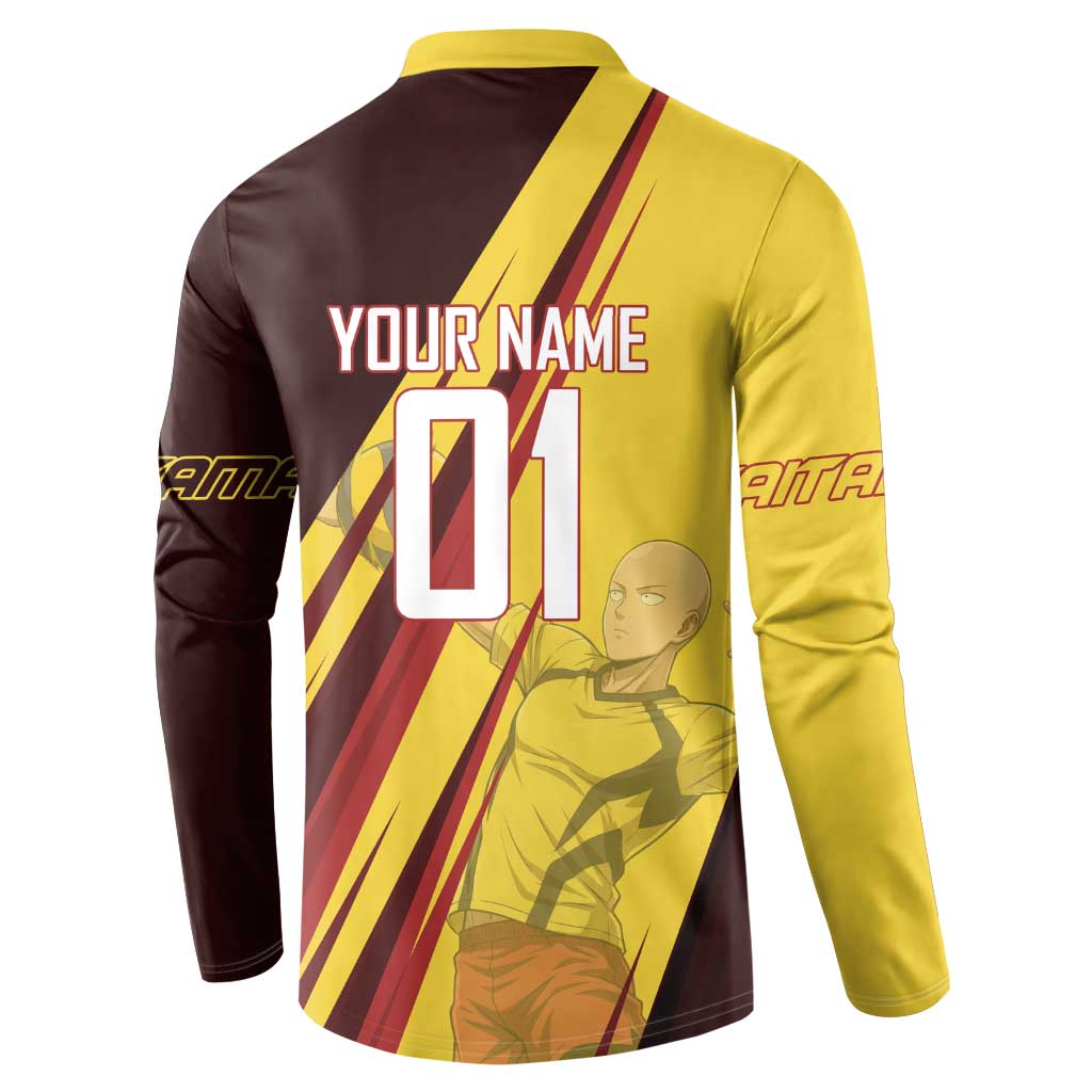 Personalized Saitama Volleyball Design Button Sweatshirt with Yellow and Red Athletic Theme and Powerful Spike Pose