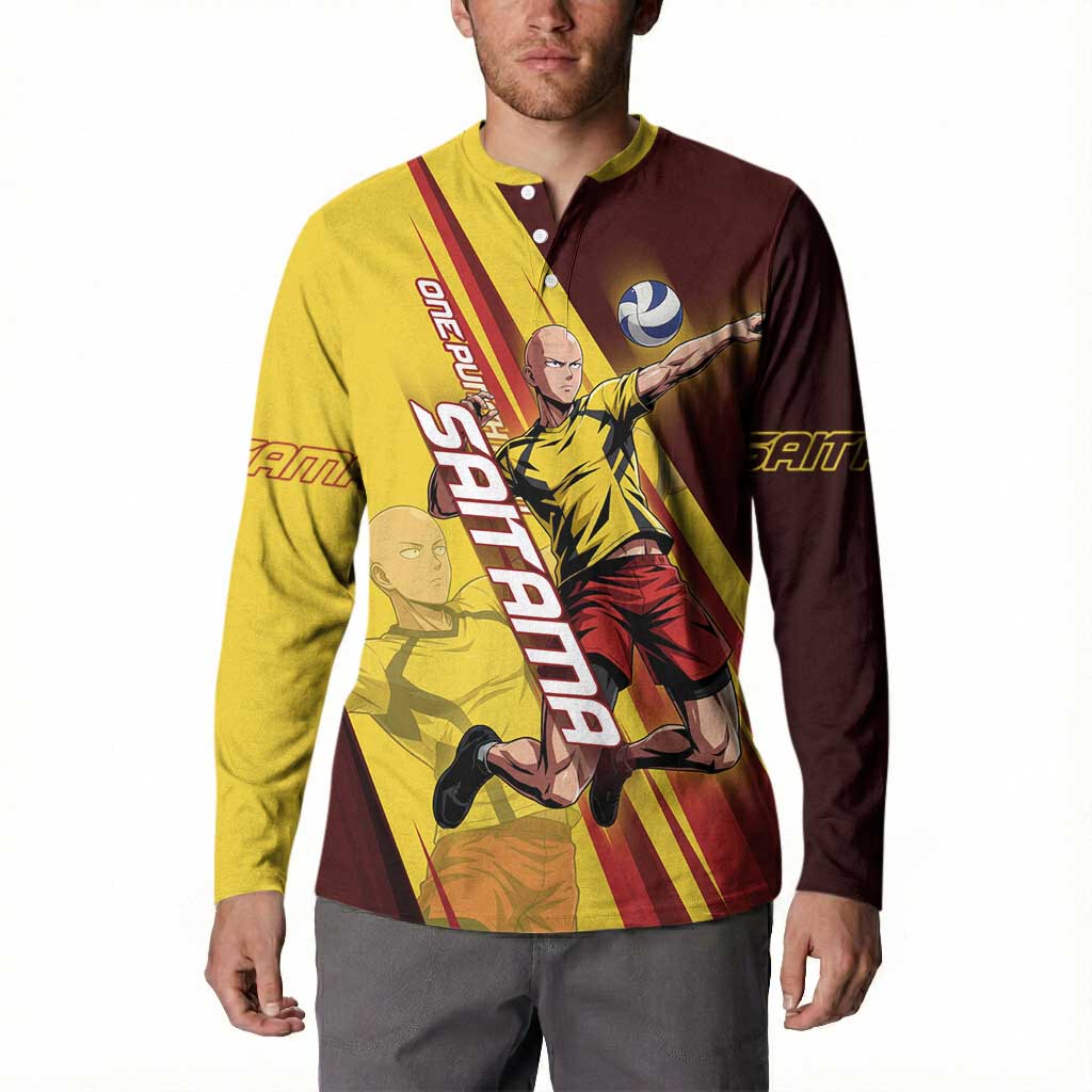 Personalized Saitama Volleyball Design Button Sweatshirt with Yellow and Red Athletic Theme and Powerful Spike Pose