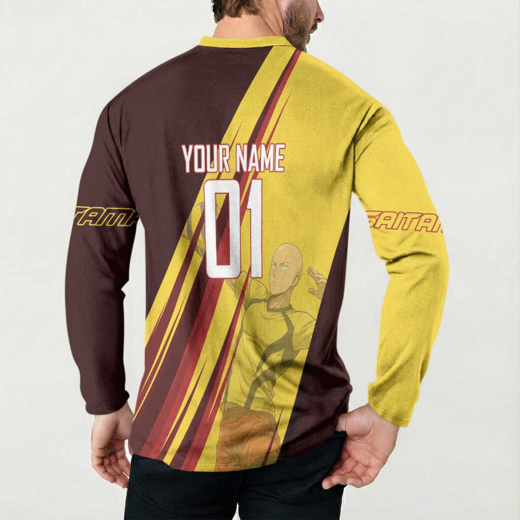 Personalized Saitama Volleyball Design Button Sweatshirt with Yellow and Red Athletic Theme and Powerful Spike Pose