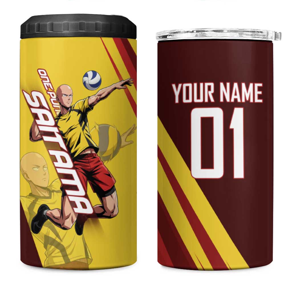 Personalized Saitama Volleyball Design 4 in 1 Can Cooler Tumbler with Yellow and Red Athletic Theme and Powerful Spike Pose