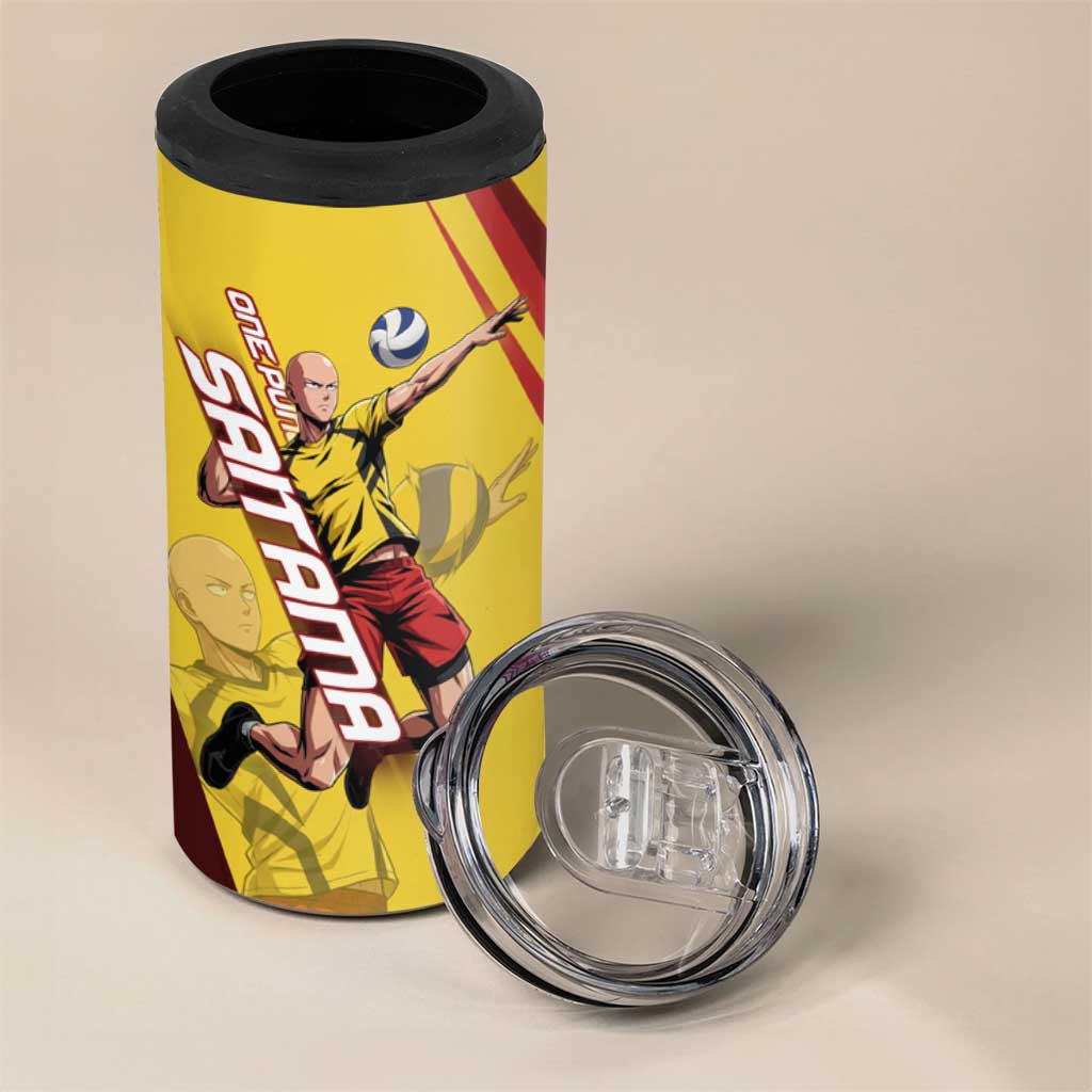 Personalized Saitama Volleyball Design 4 in 1 Can Cooler Tumbler with Yellow and Red Athletic Theme and Powerful Spike Pose