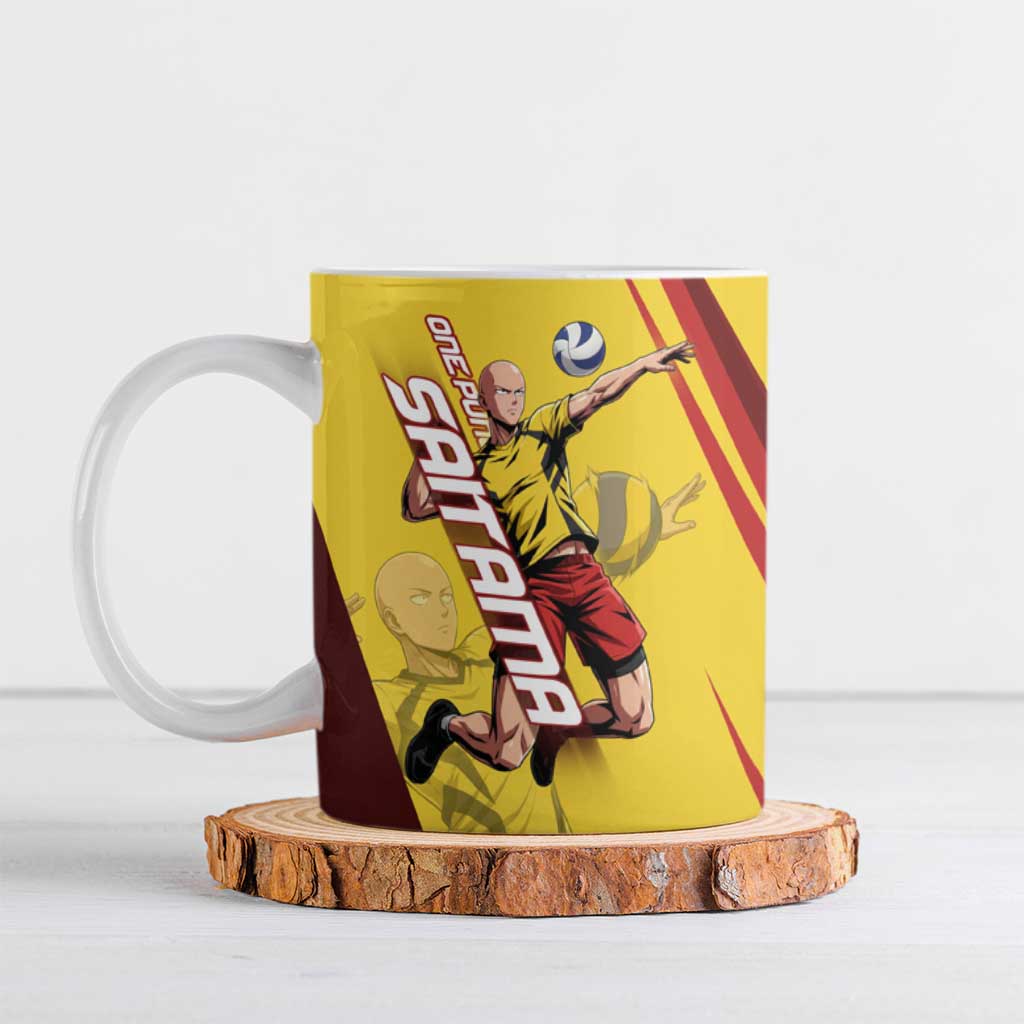Personalized Saitama Volleyball Design Ceramic Mug with Yellow and Red Athletic Theme and Powerful Spike Pose