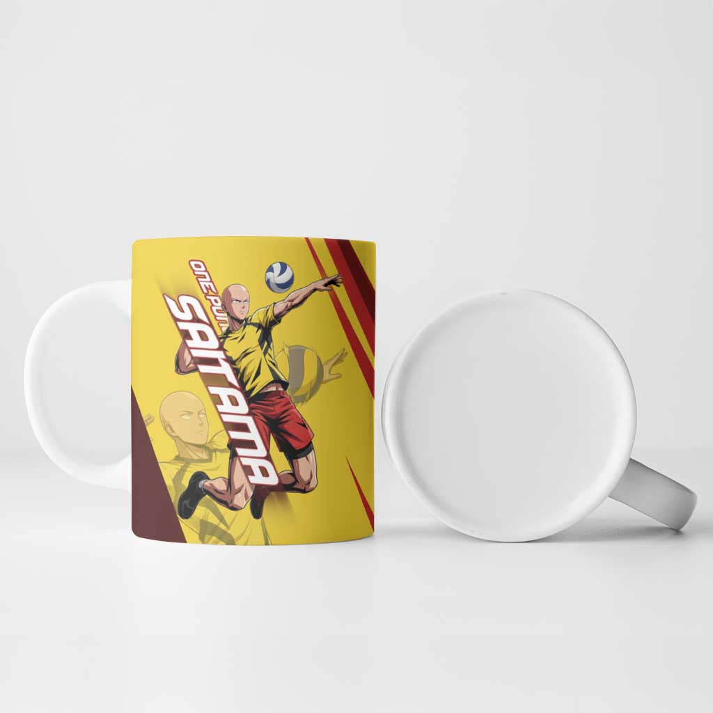 Personalized Saitama Volleyball Design Ceramic Mug with Yellow and Red Athletic Theme and Powerful Spike Pose