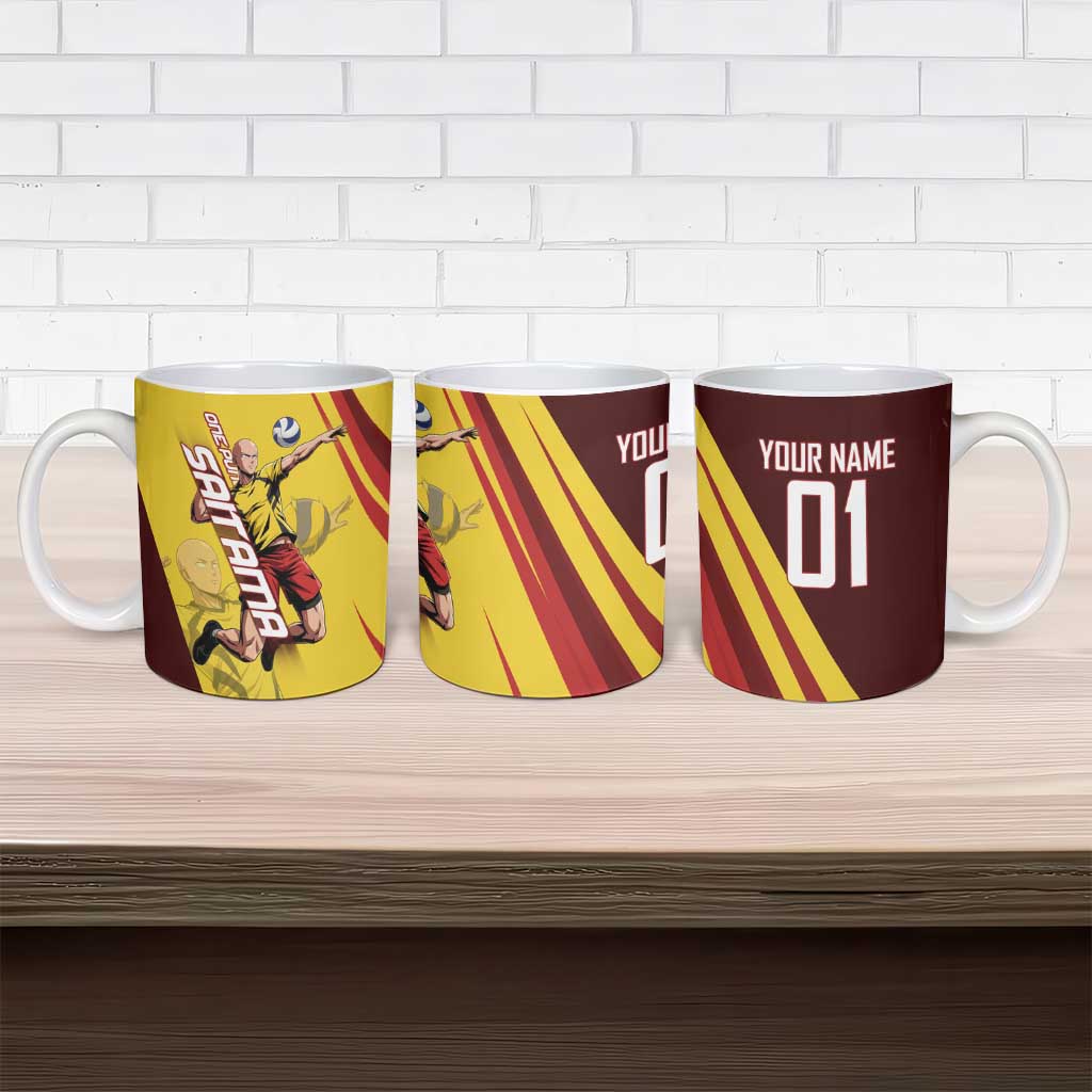 Personalized Saitama Volleyball Design Ceramic Mug with Yellow and Red Athletic Theme and Powerful Spike Pose