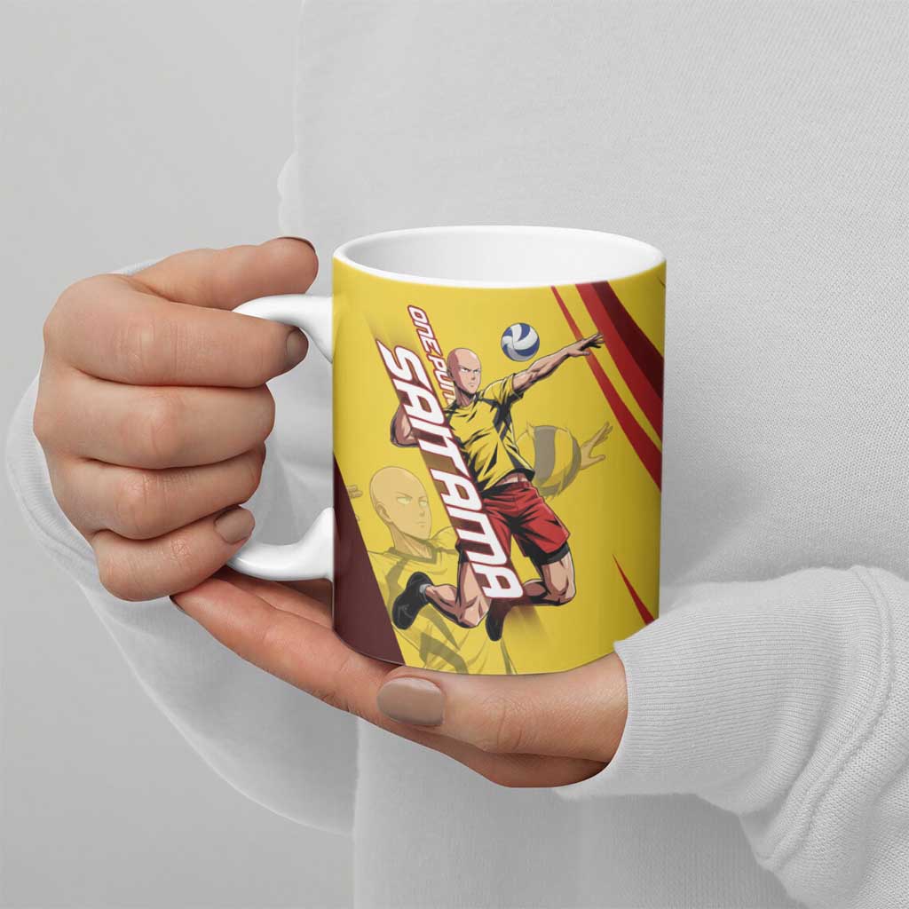 Personalized Saitama Volleyball Design Ceramic Mug with Yellow and Red Athletic Theme and Powerful Spike Pose
