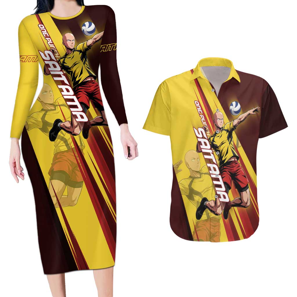 Personalized Saitama Volleyball Design Couples Matching Long Sleeve Bodycon Dress and Hawaiian Shirt with Yellow and Red Athletic Theme and Powerful Spike Pose