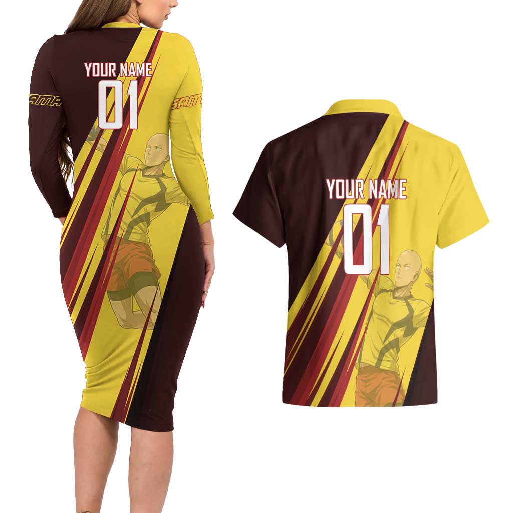 Personalized Saitama Volleyball Design Couples Matching Long Sleeve Bodycon Dress and Hawaiian Shirt with Yellow and Red Athletic Theme and Powerful Spike Pose