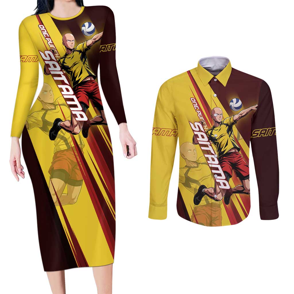 Personalized Saitama Volleyball Design Couples Matching Long Sleeve Bodycon Dress and Long Sleeve Button Shirt with Yellow and Red Athletic Theme and Powerful Spike Pose