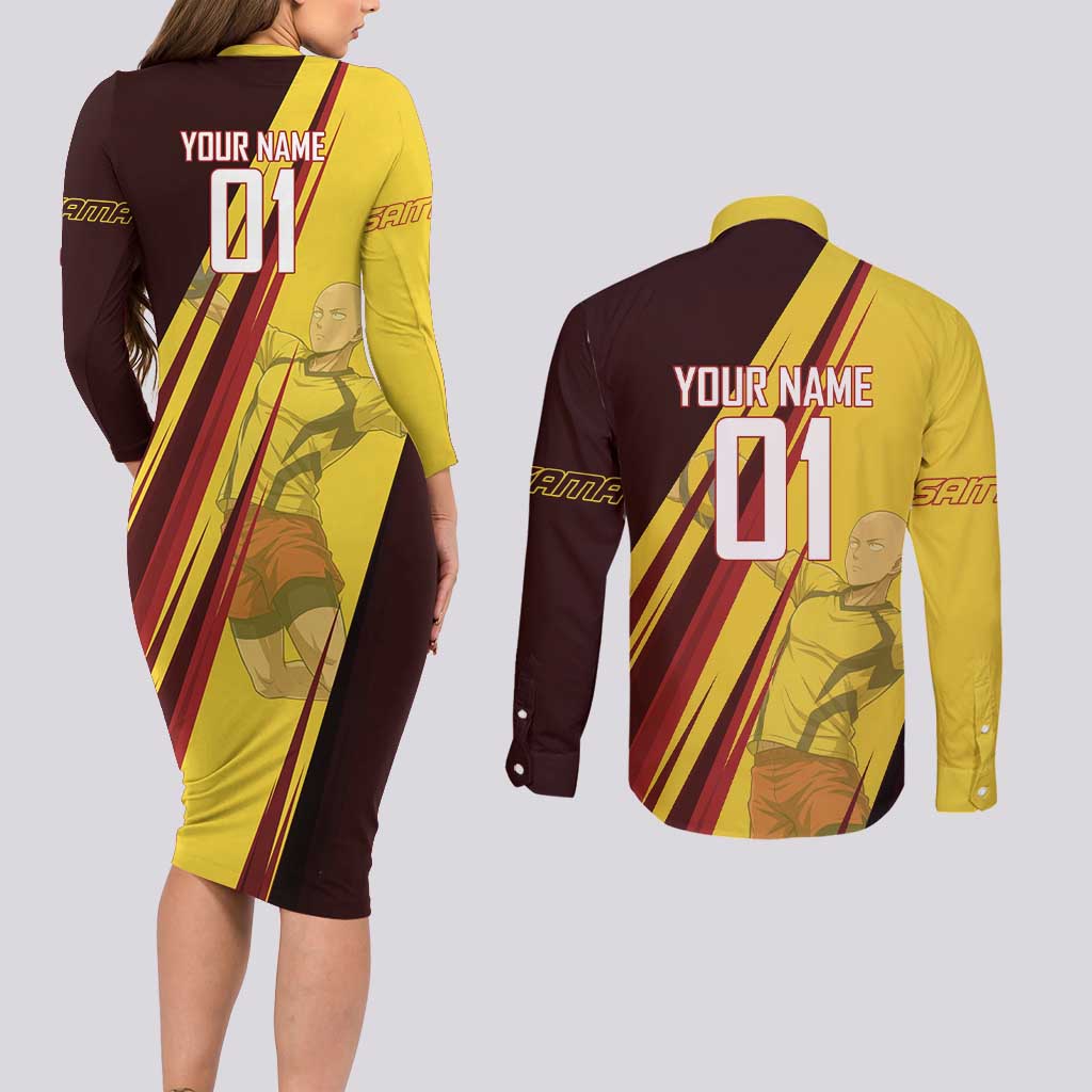 Personalized Saitama Volleyball Design Couples Matching Long Sleeve Bodycon Dress and Long Sleeve Button Shirt with Yellow and Red Athletic Theme and Powerful Spike Pose