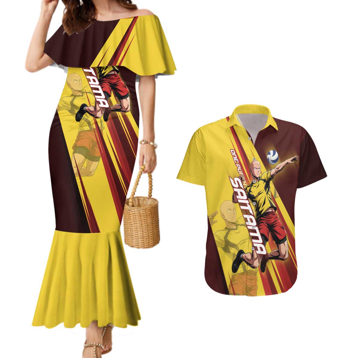 Personalized Saitama Volleyball Design Couples Matching Mermaid Dress and Hawaiian Shirt with Yellow and Red Athletic Theme and Powerful Spike Pose