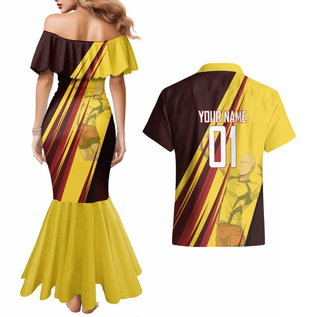 Personalized Saitama Volleyball Design Couples Matching Mermaid Dress and Hawaiian Shirt with Yellow and Red Athletic Theme and Powerful Spike Pose