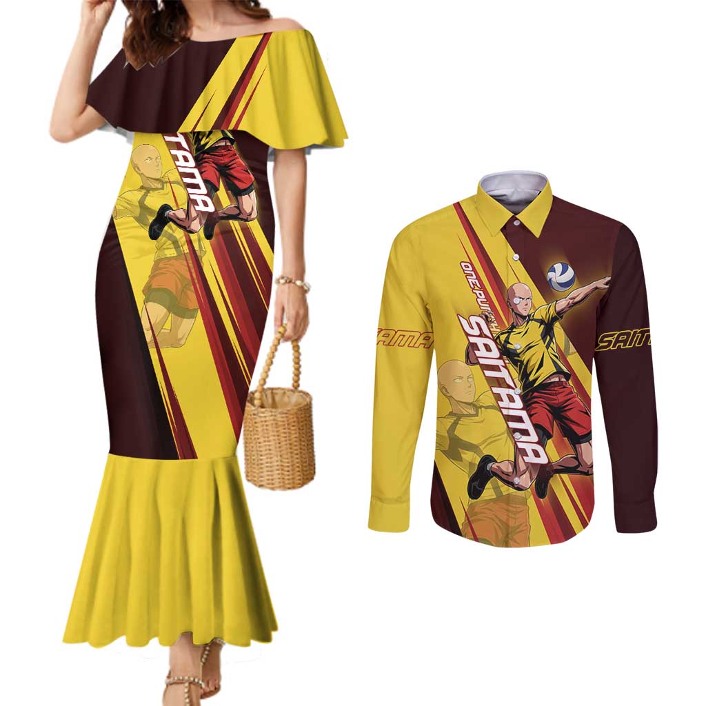 Personalized Saitama Volleyball Design Couples Matching Mermaid Dress and Long Sleeve Button Shirt with Yellow and Red Athletic Theme and Powerful Spike Pose