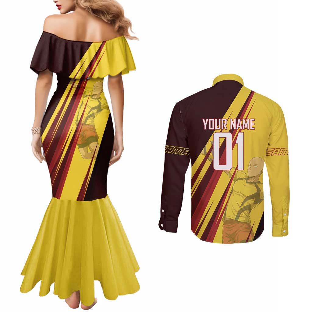 Personalized Saitama Volleyball Design Couples Matching Mermaid Dress and Long Sleeve Button Shirt with Yellow and Red Athletic Theme and Powerful Spike Pose