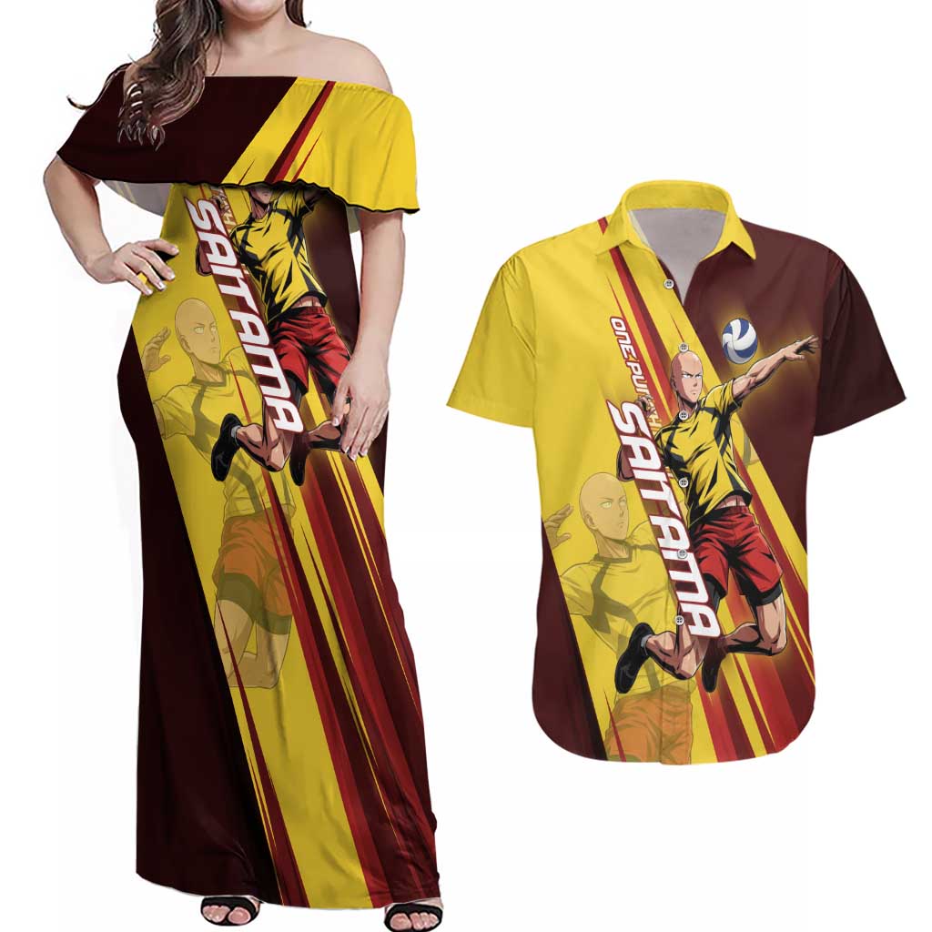 Personalized Saitama Volleyball Design Couples Matching Off Shoulder Maxi Dress and Hawaiian Shirt with Yellow and Red Athletic Theme and Powerful Spike Pose