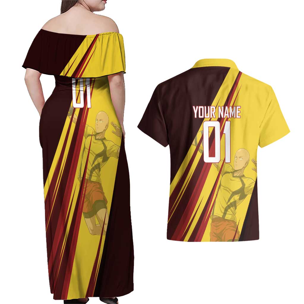 Personalized Saitama Volleyball Design Couples Matching Off Shoulder Maxi Dress and Hawaiian Shirt with Yellow and Red Athletic Theme and Powerful Spike Pose