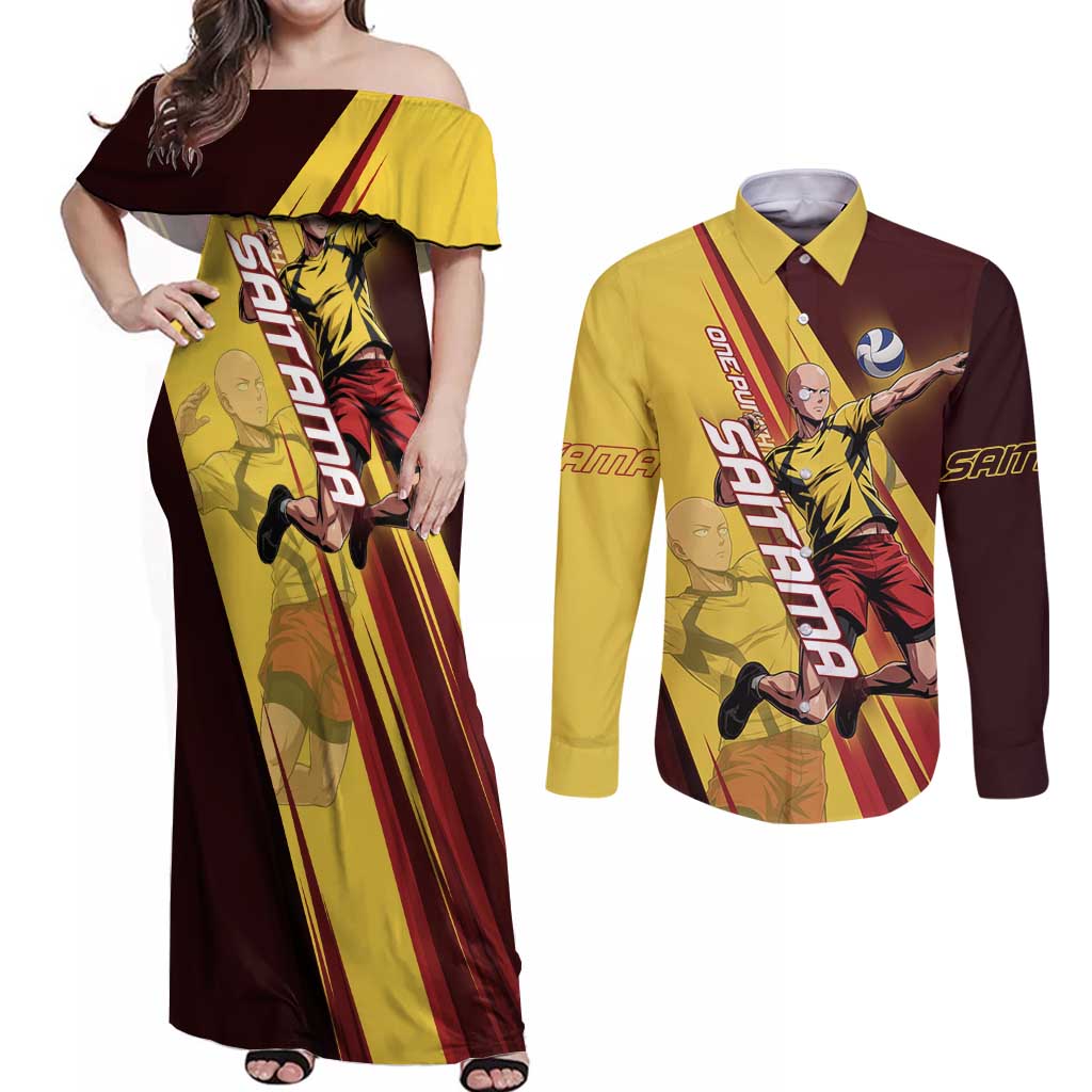 Personalized Saitama Volleyball Design Couples Matching Off Shoulder Maxi Dress and Long Sleeve Button Shirt with Yellow and Red Athletic Theme and Powerful Spike Pose
