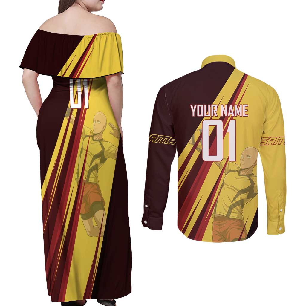 Personalized Saitama Volleyball Design Couples Matching Off Shoulder Maxi Dress and Long Sleeve Button Shirt with Yellow and Red Athletic Theme and Powerful Spike Pose