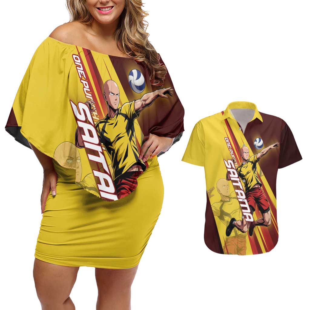 Personalized Saitama Volleyball Design Couples Matching Off Shoulder Short Dress and Hawaiian Shirt with Yellow and Red Athletic Theme and Powerful Spike Pose