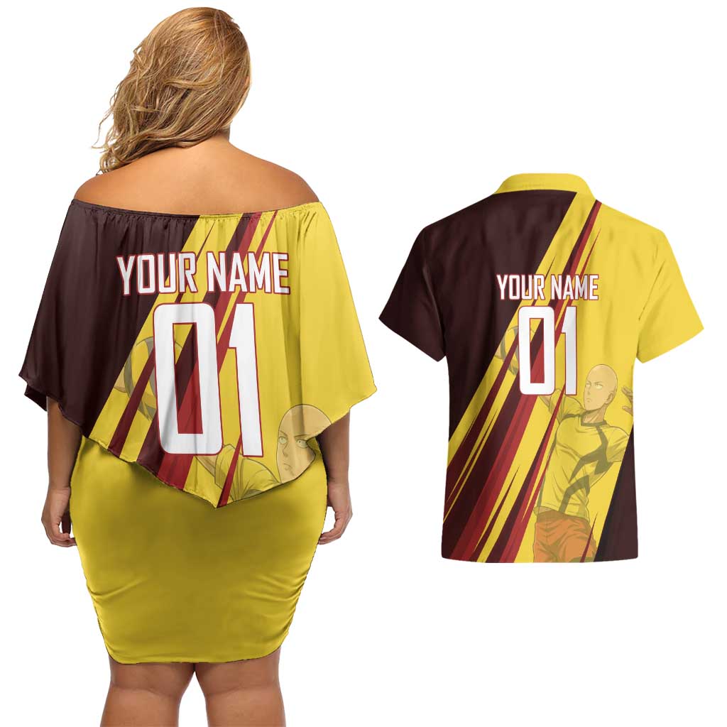 Personalized Saitama Volleyball Design Couples Matching Off Shoulder Short Dress and Hawaiian Shirt with Yellow and Red Athletic Theme and Powerful Spike Pose