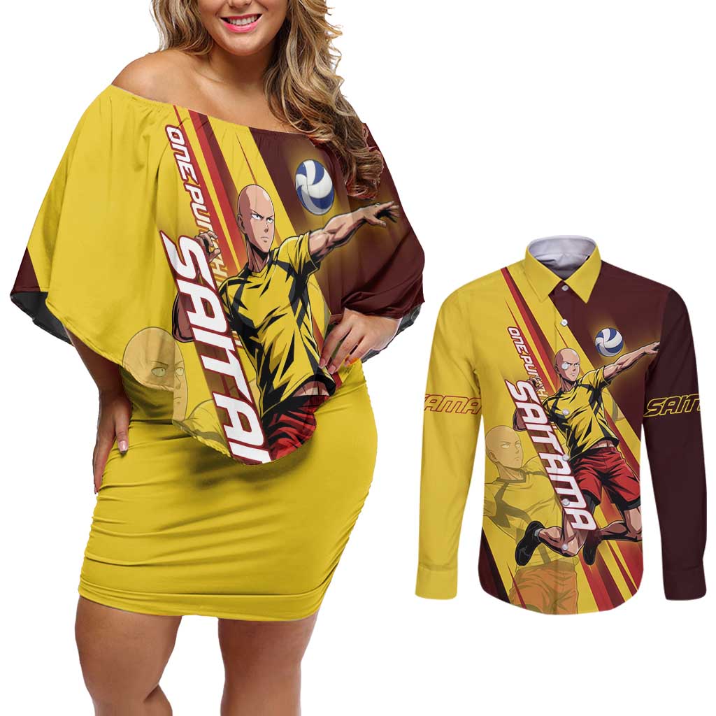 Personalized Saitama Volleyball Design Couples Matching Off Shoulder Short Dress and Long Sleeve Button Shirt with Yellow and Red Athletic Theme and Powerful Spike Pose