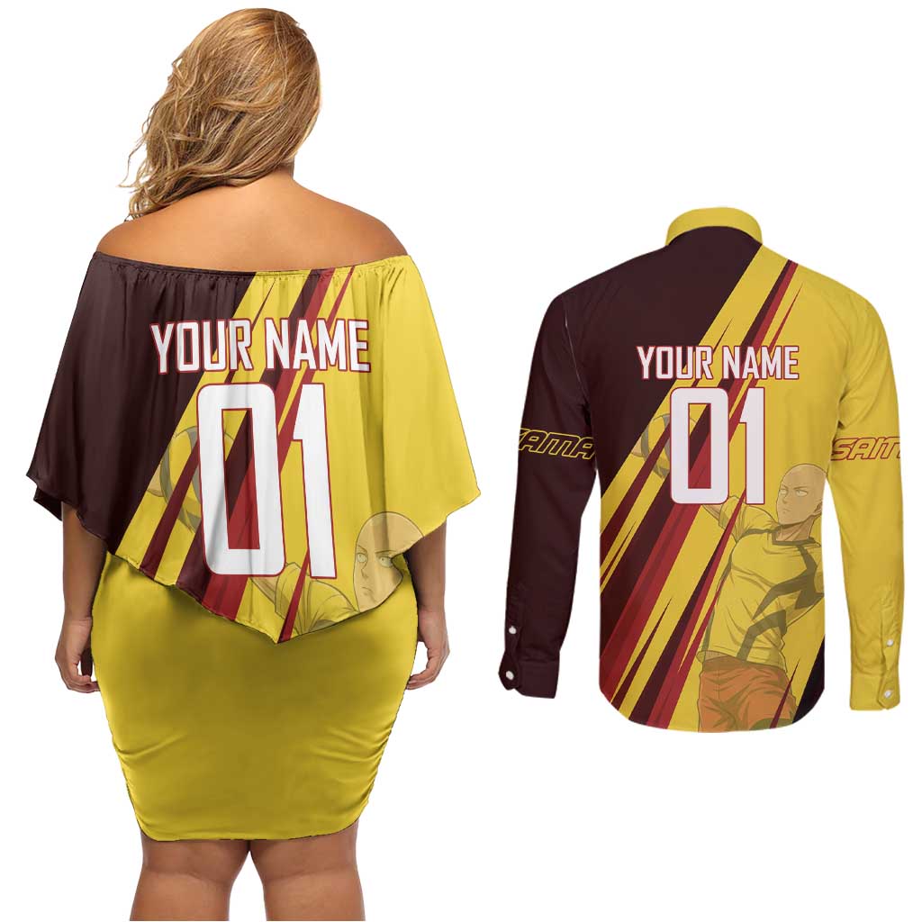 Personalized Saitama Volleyball Design Couples Matching Off Shoulder Short Dress and Long Sleeve Button Shirt with Yellow and Red Athletic Theme and Powerful Spike Pose