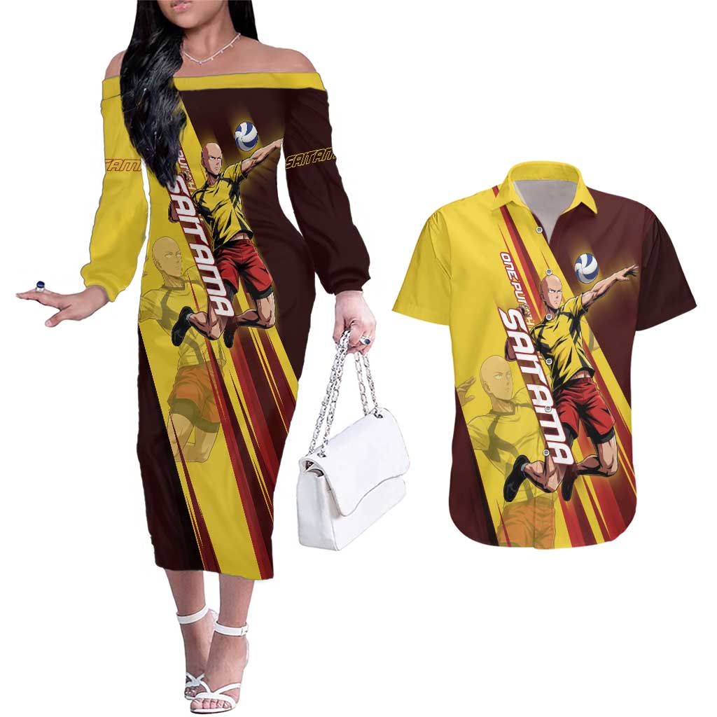 Personalized Saitama Volleyball Design Couples Matching Off The Shoulder Long Sleeve Dress and Hawaiian Shirt with Yellow and Red Athletic Theme and Powerful Spike Pose