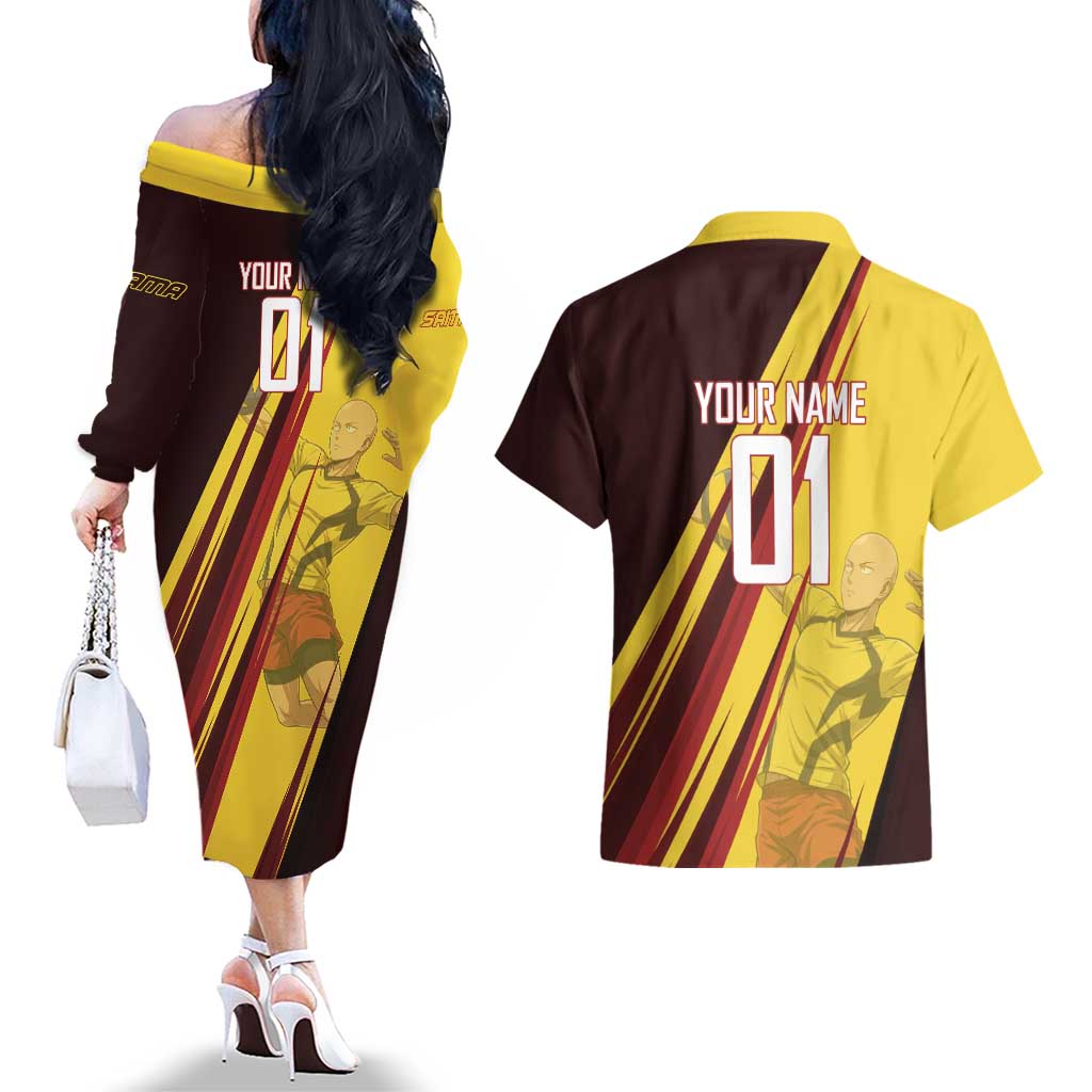 Personalized Saitama Volleyball Design Couples Matching Off The Shoulder Long Sleeve Dress and Hawaiian Shirt with Yellow and Red Athletic Theme and Powerful Spike Pose