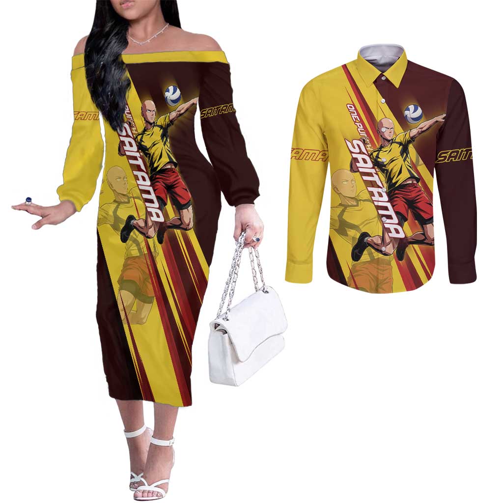 Personalized Saitama Volleyball Design Couples Matching Off The Shoulder Long Sleeve Dress and Long Sleeve Button Shirt with Yellow and Red Athletic Theme and Powerful Spike Pose