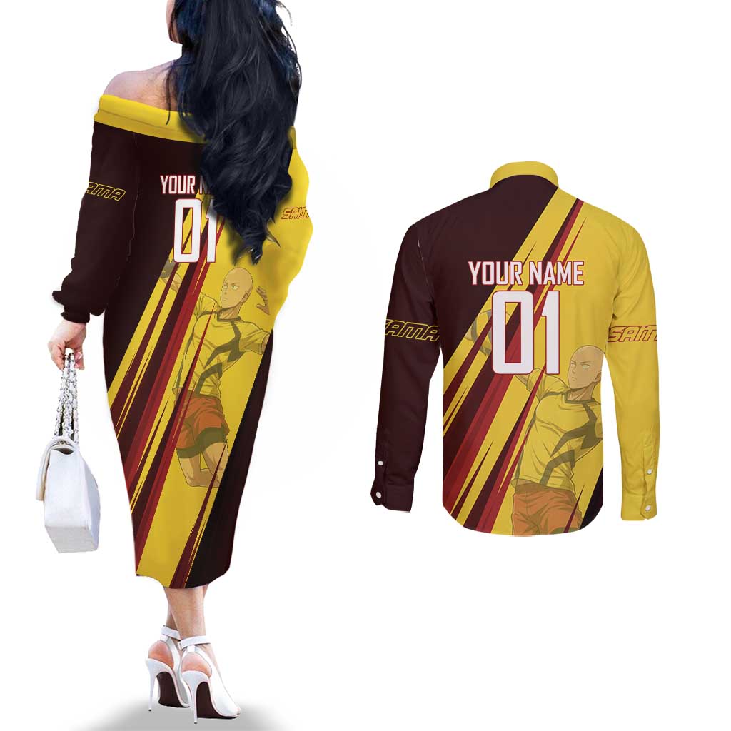 Personalized Saitama Volleyball Design Couples Matching Off The Shoulder Long Sleeve Dress and Long Sleeve Button Shirt with Yellow and Red Athletic Theme and Powerful Spike Pose
