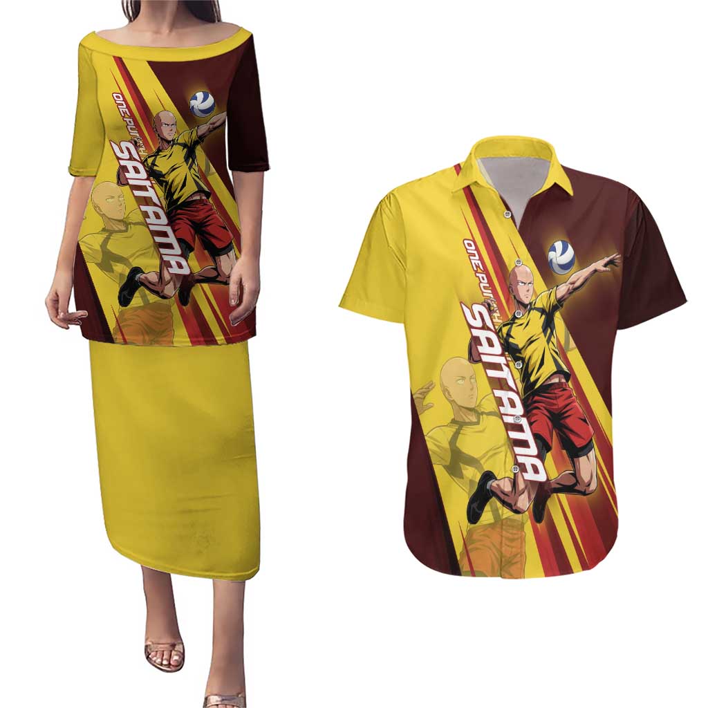 Personalized Saitama Volleyball Design Couples Matching Puletasi and Hawaiian Shirt with Yellow and Red Athletic Theme and Powerful Spike Pose