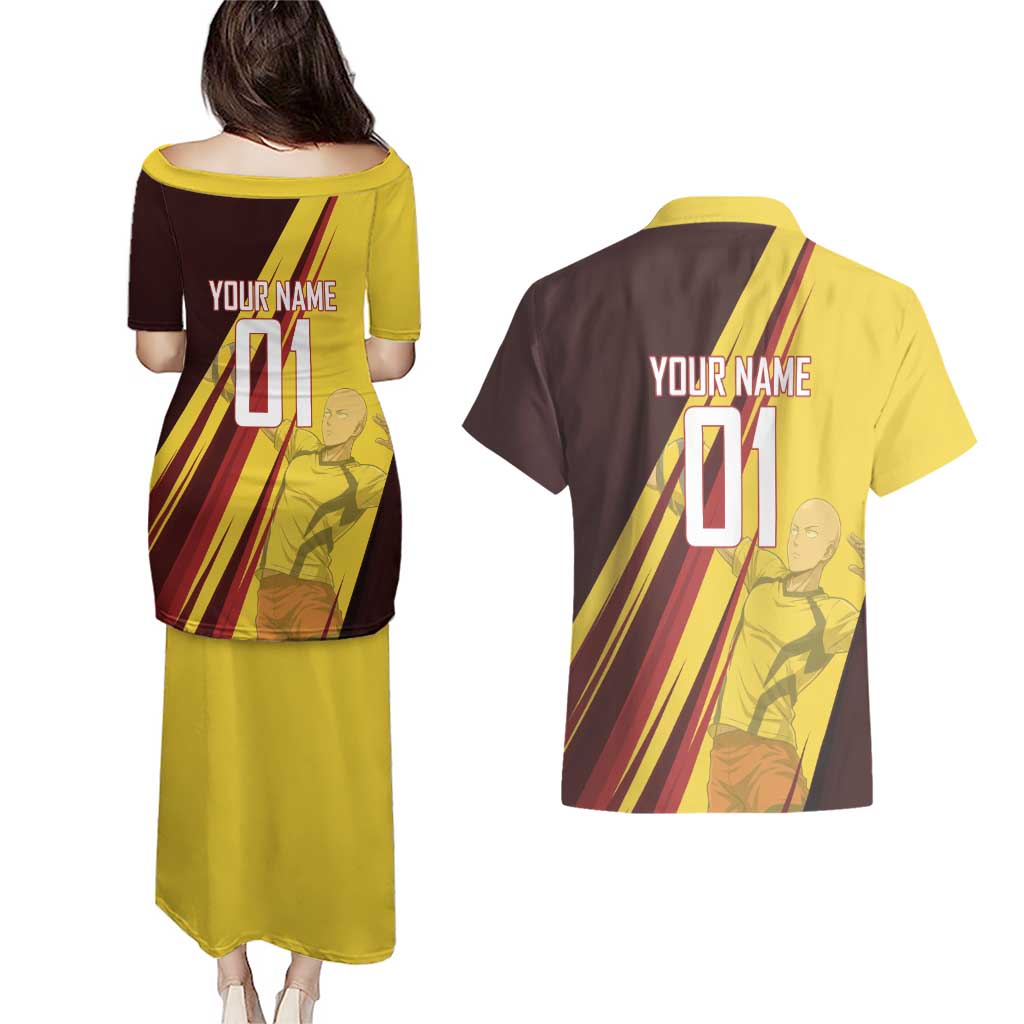 Personalized Saitama Volleyball Design Couples Matching Puletasi and Hawaiian Shirt with Yellow and Red Athletic Theme and Powerful Spike Pose