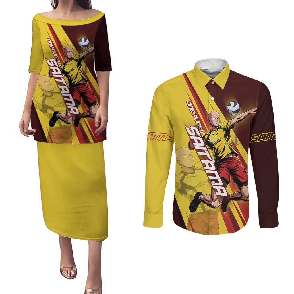 Personalized Saitama Volleyball Design Couples Matching Puletasi and Long Sleeve Button Shirt with Yellow and Red Athletic Theme and Powerful Spike Pose
