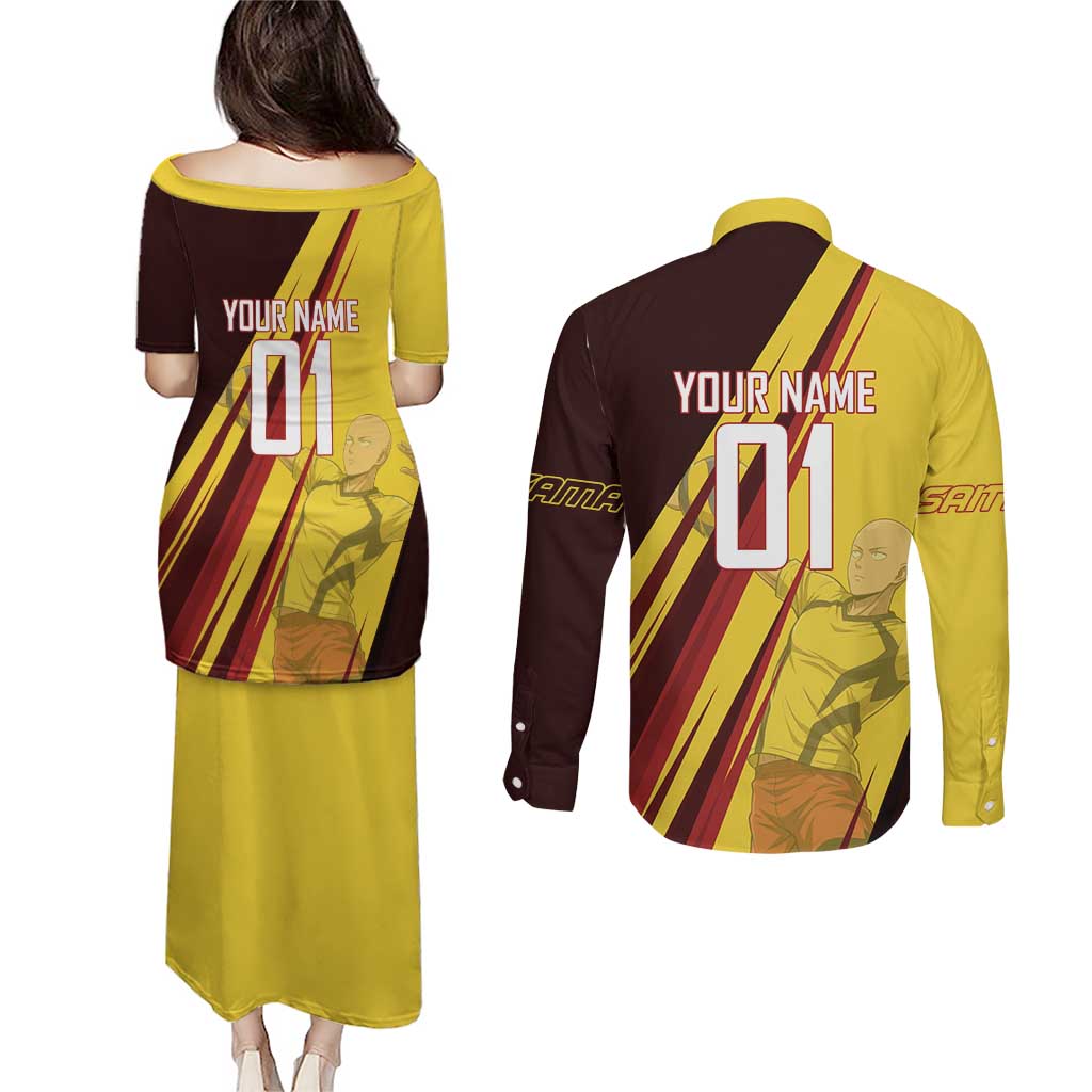 Personalized Saitama Volleyball Design Couples Matching Puletasi and Long Sleeve Button Shirt with Yellow and Red Athletic Theme and Powerful Spike Pose