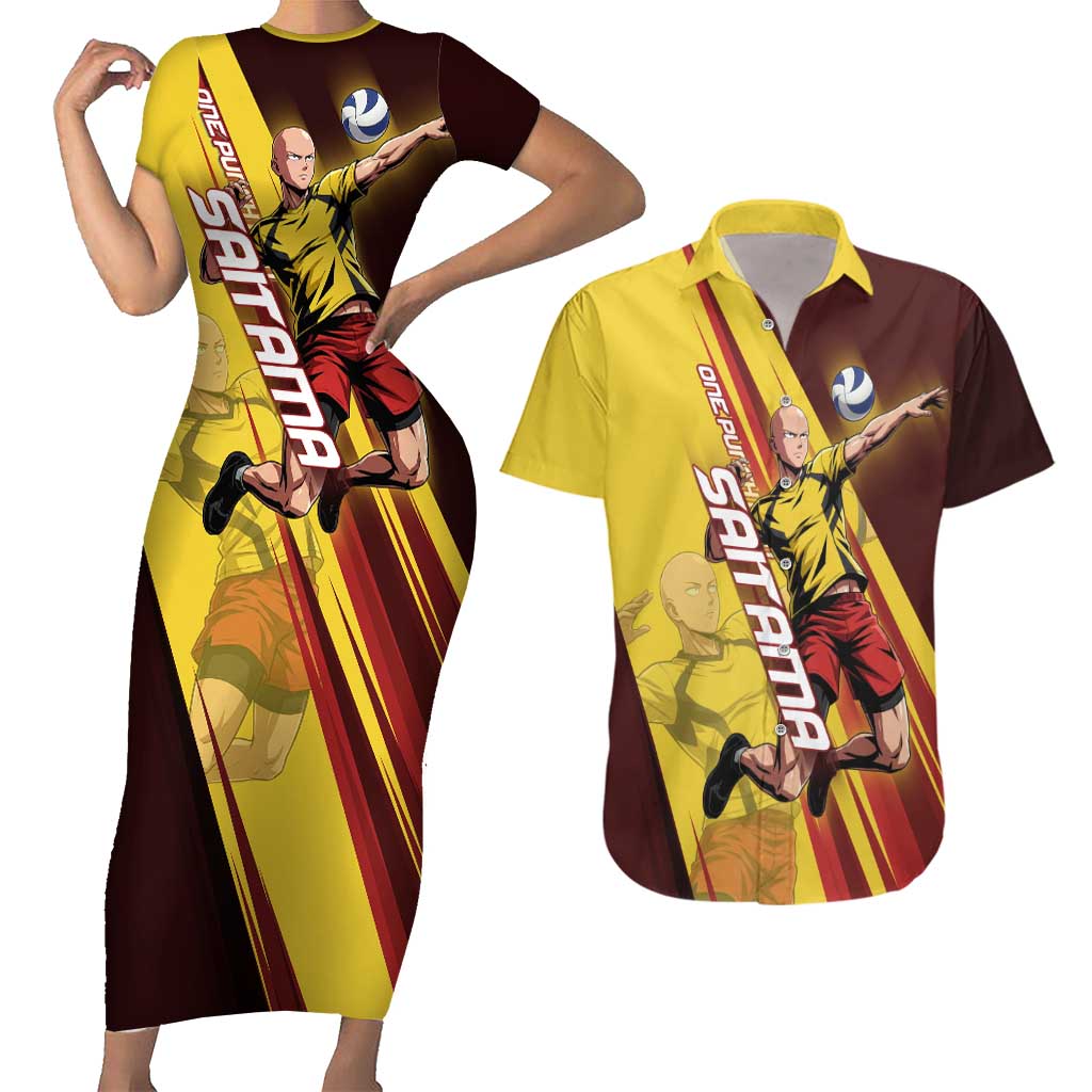 Personalized Saitama Volleyball Design Couples Matching Short Sleeve Bodycon Dress and Hawaiian Shirt with Yellow and Red Athletic Theme and Powerful Spike Pose
