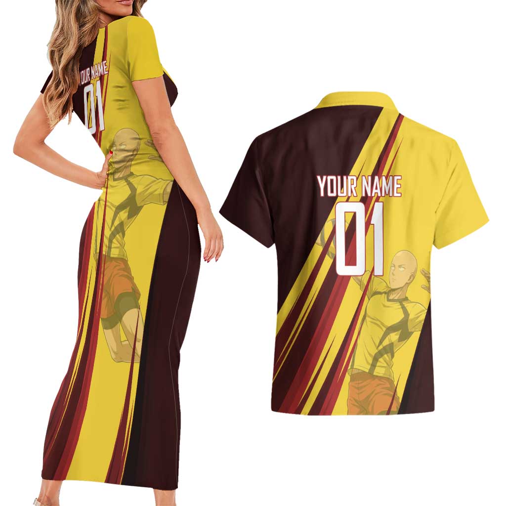 Personalized Saitama Volleyball Design Couples Matching Short Sleeve Bodycon Dress and Hawaiian Shirt with Yellow and Red Athletic Theme and Powerful Spike Pose
