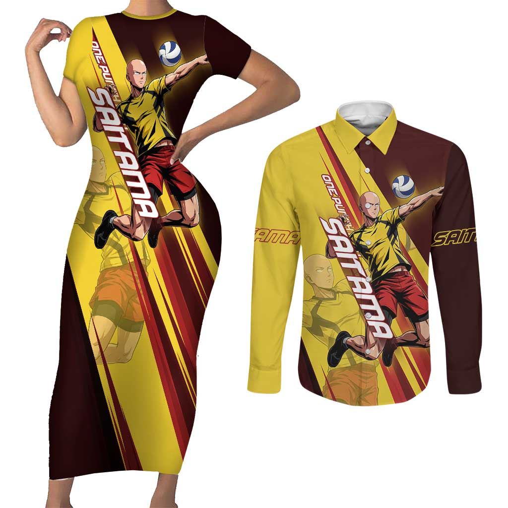 Personalized Saitama Volleyball Design Couples Matching Short Sleeve Bodycon Dress and Long Sleeve Button Shirt with Yellow and Red Athletic Theme and Powerful Spike Pose