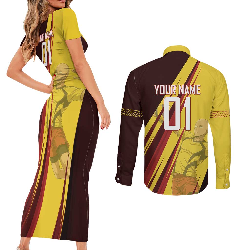 Personalized Saitama Volleyball Design Couples Matching Short Sleeve Bodycon Dress and Long Sleeve Button Shirt with Yellow and Red Athletic Theme and Powerful Spike Pose