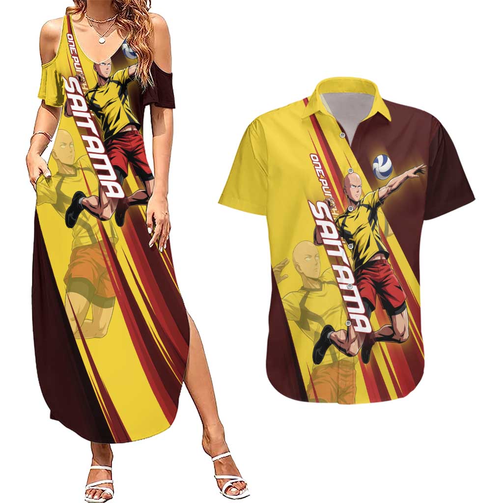 Personalized Saitama Volleyball Design Couples Matching Summer Maxi Dress and Hawaiian Shirt with Yellow and Red Athletic Theme and Powerful Spike Pose