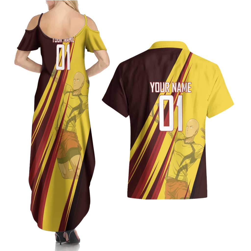 Personalized Saitama Volleyball Design Couples Matching Summer Maxi Dress and Hawaiian Shirt with Yellow and Red Athletic Theme and Powerful Spike Pose