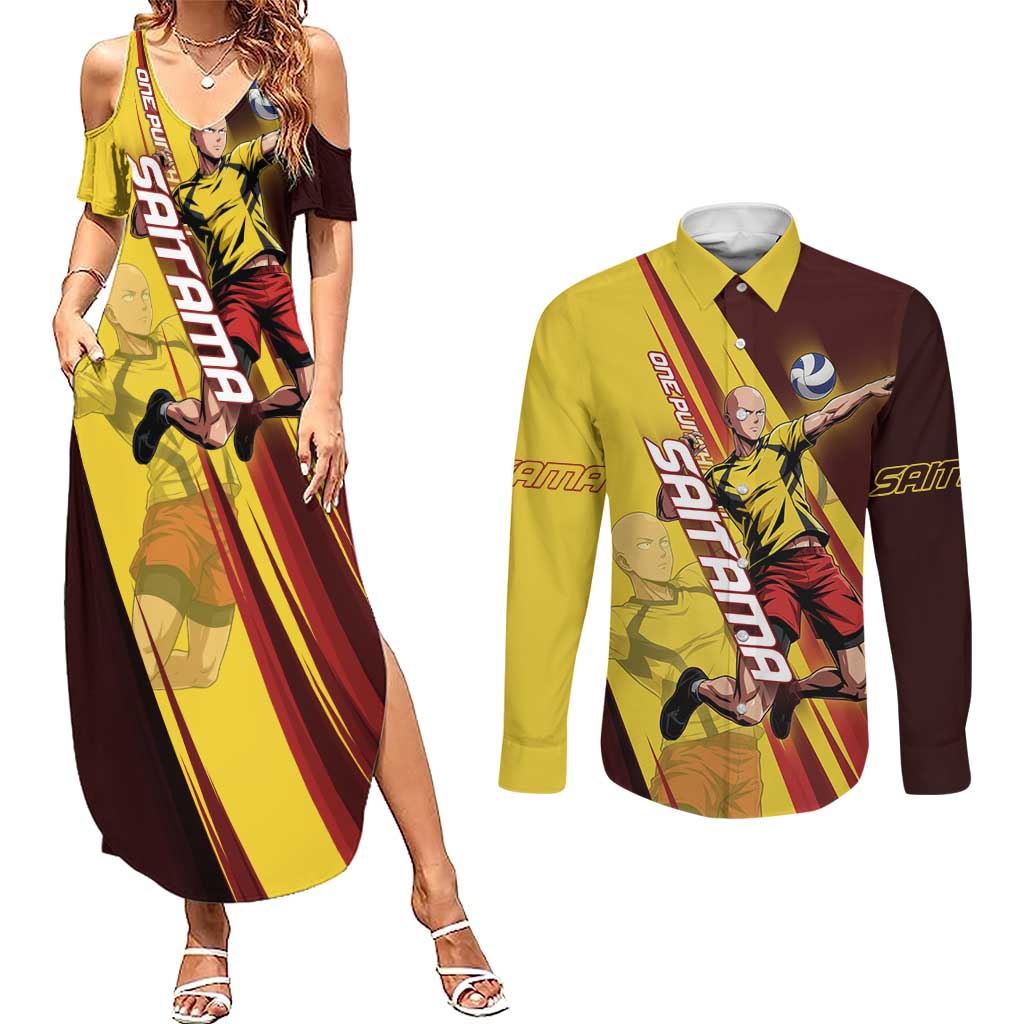 Personalized Saitama Volleyball Design Couples Matching Summer Maxi Dress and Long Sleeve Button Shirt with Yellow and Red Athletic Theme and Powerful Spike Pose