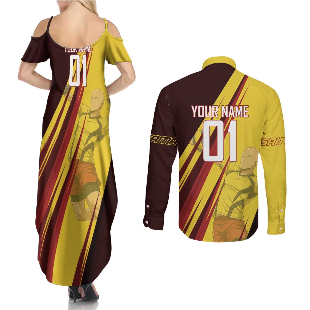 Personalized Saitama Volleyball Design Couples Matching Summer Maxi Dress and Long Sleeve Button Shirt with Yellow and Red Athletic Theme and Powerful Spike Pose