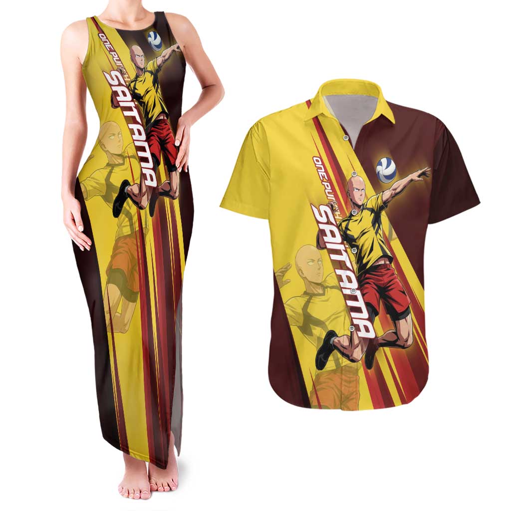 Personalized Saitama Volleyball Design Couples Matching Tank Maxi Dress and Hawaiian Shirt with Yellow and Red Athletic Theme and Powerful Spike Pose