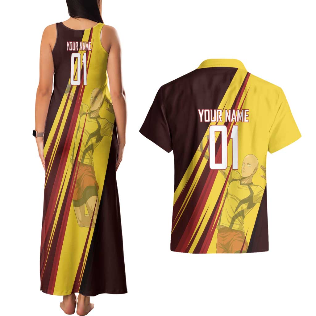 Personalized Saitama Volleyball Design Couples Matching Tank Maxi Dress and Hawaiian Shirt with Yellow and Red Athletic Theme and Powerful Spike Pose