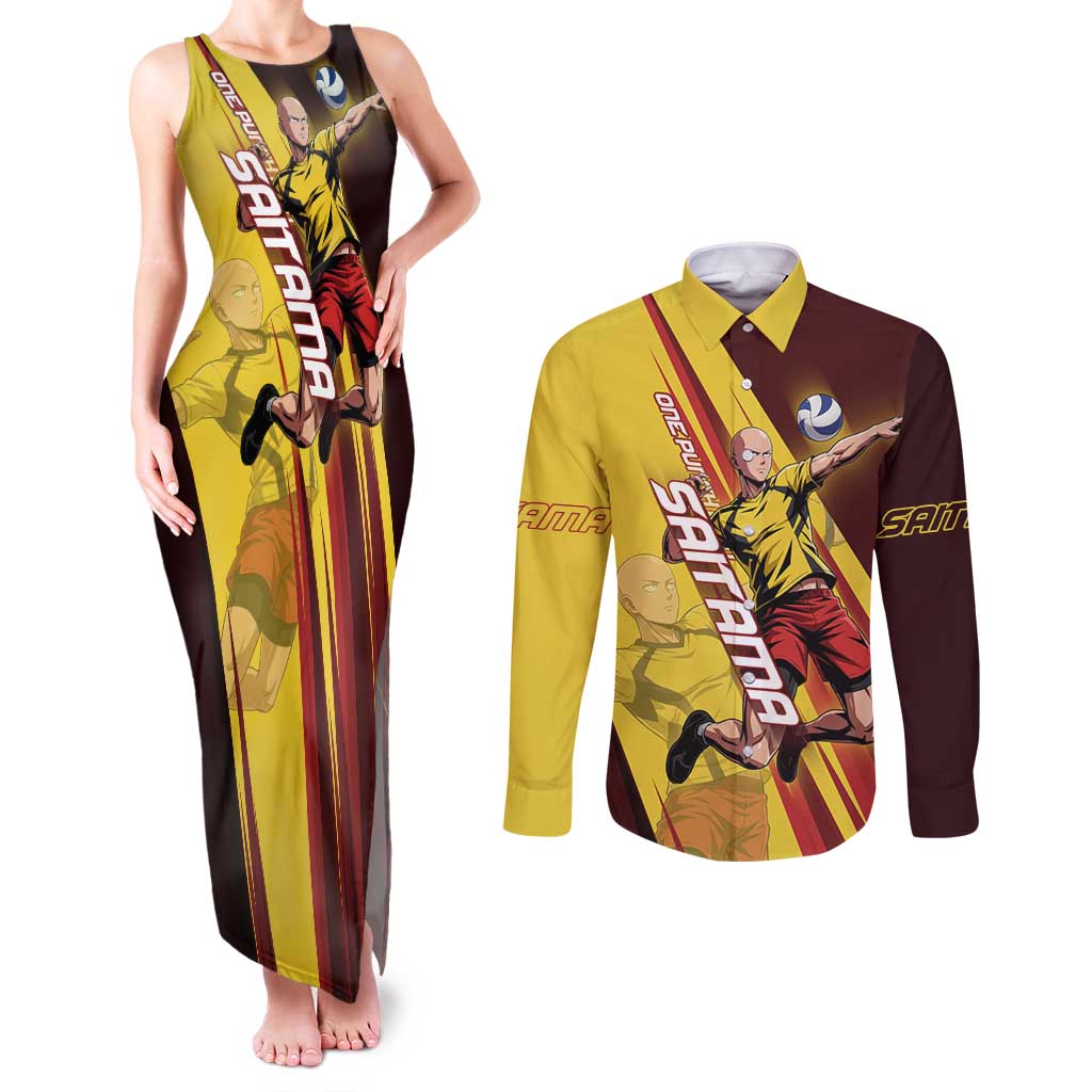 Personalized Saitama Volleyball Design Couples Matching Tank Maxi Dress and Long Sleeve Button Shirt with Yellow and Red Athletic Theme and Powerful Spike Pose