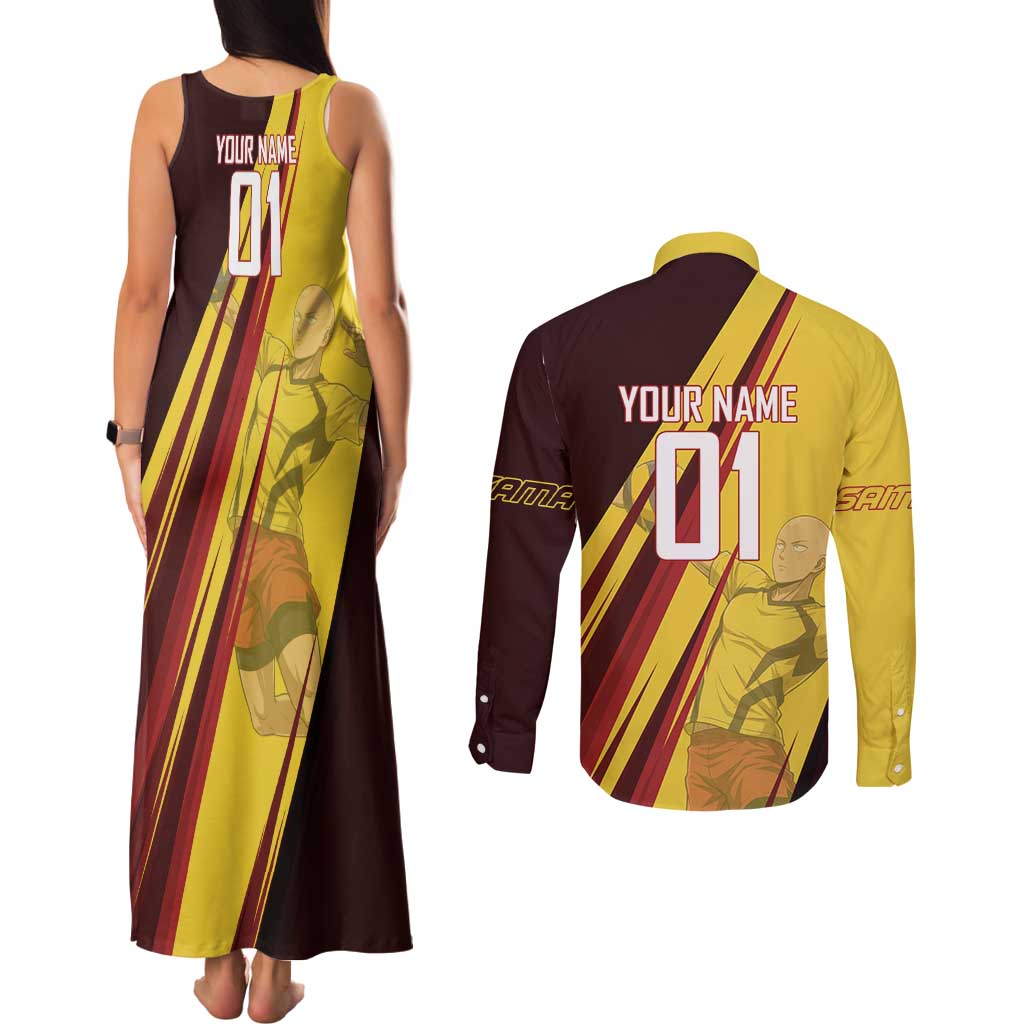 Personalized Saitama Volleyball Design Couples Matching Tank Maxi Dress and Long Sleeve Button Shirt with Yellow and Red Athletic Theme and Powerful Spike Pose