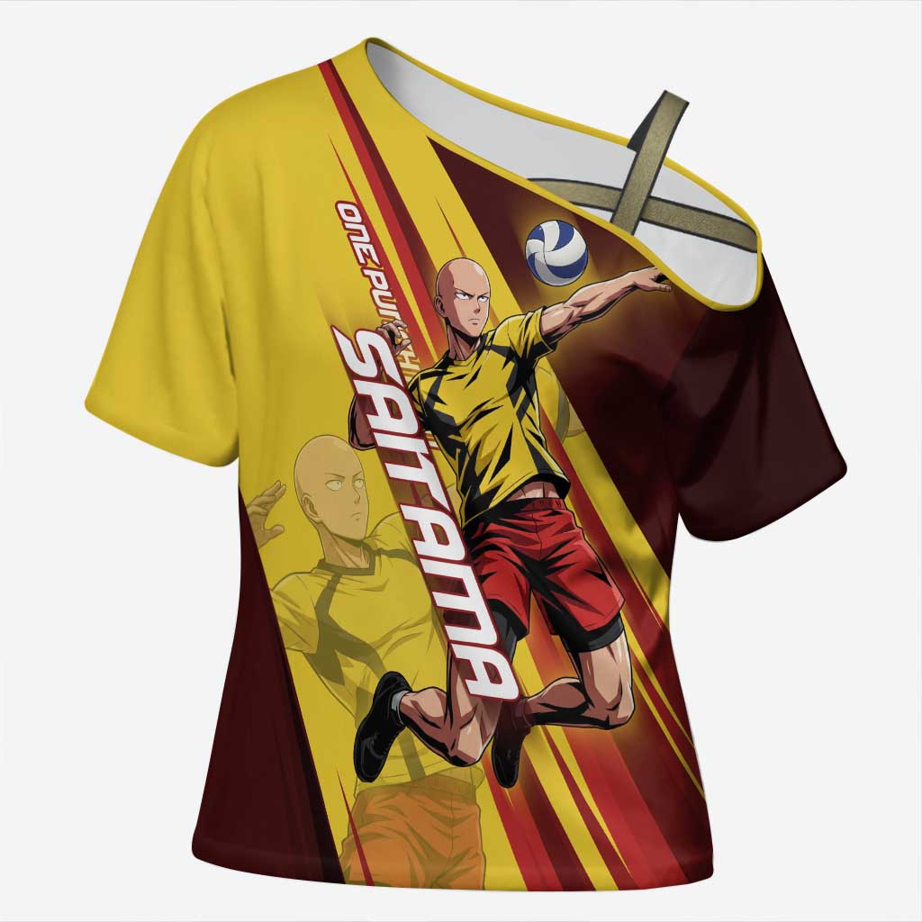 Personalized Saitama Volleyball Design Cross Shoulder Shirt with Yellow and Red Athletic Theme and Powerful Spike Pose