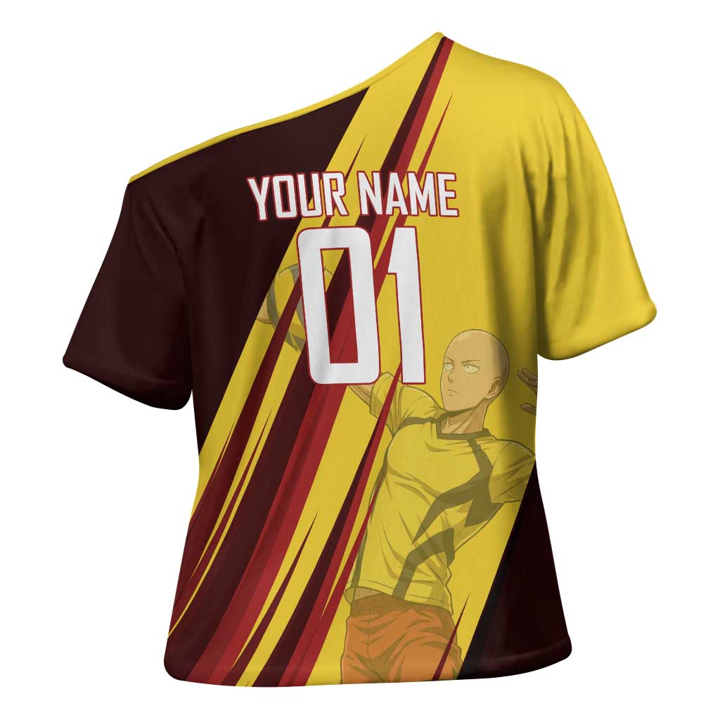 Personalized Saitama Volleyball Design Cross Shoulder Shirt with Yellow and Red Athletic Theme and Powerful Spike Pose