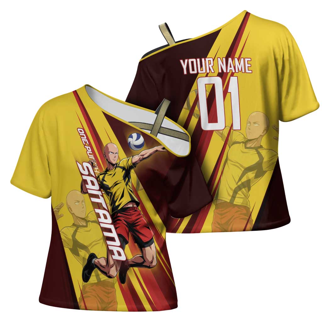 Personalized Saitama Volleyball Design Cross Shoulder Shirt with Yellow and Red Athletic Theme and Powerful Spike Pose