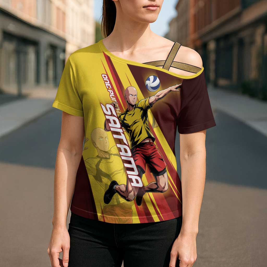 Personalized Saitama Volleyball Design Cross Shoulder Shirt with Yellow and Red Athletic Theme and Powerful Spike Pose